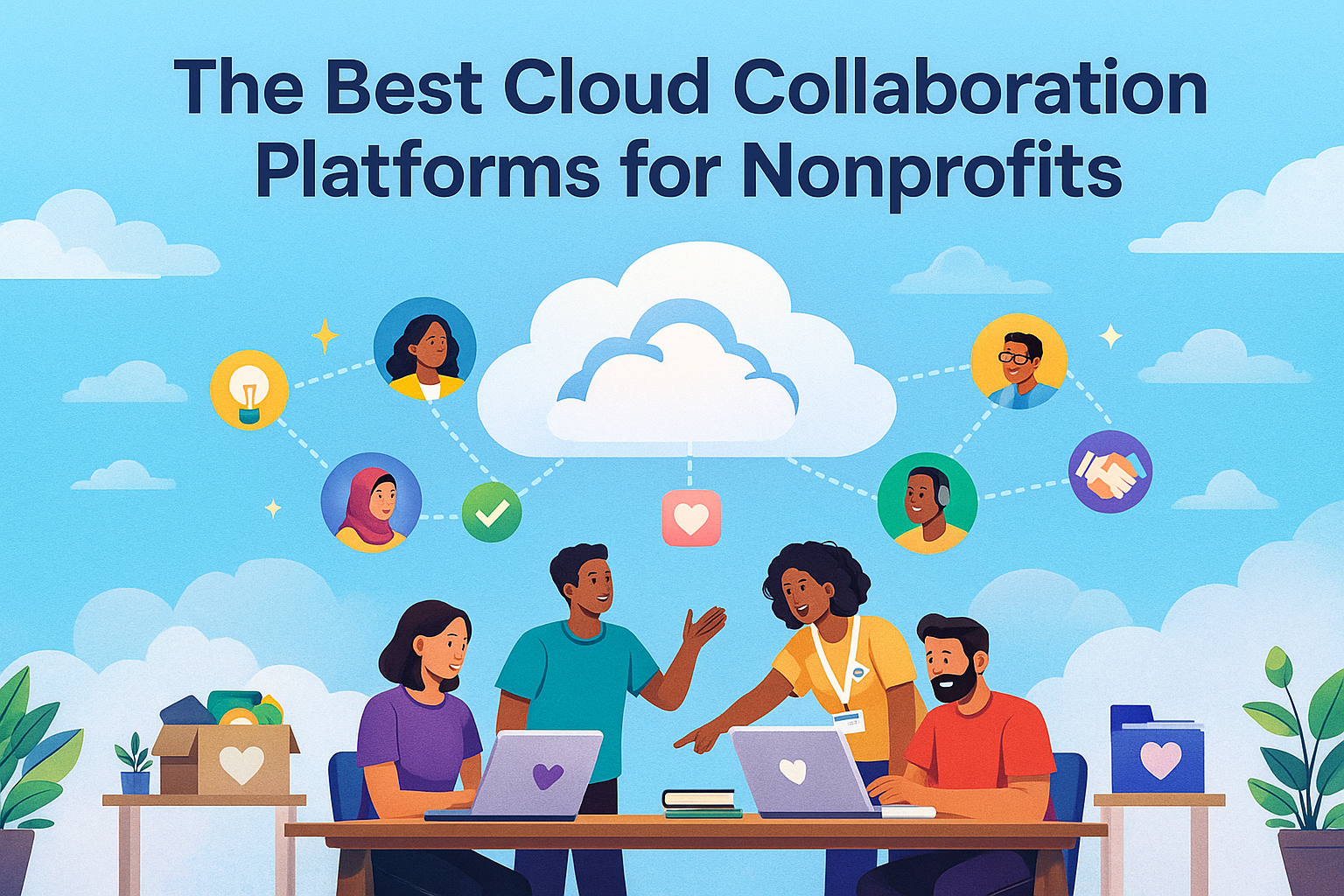 Cover image with the title “The Best Cloud Collaboration Platforms for Nonprofits” above two nonprofit staff working on laptops, connected by cloud icons, speech bubbles, and avatar circles representing online teamwork.