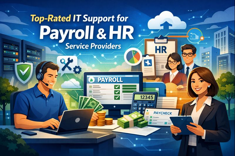 Top-Rated IT Support for Payroll & HR Service Providers cover illustration with payroll dashboard, HR clipboard, and security icons.
