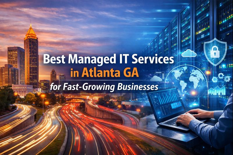 Landscape banner showing the Atlanta skyline at sunset blended with a server room and cybersecurity icons.