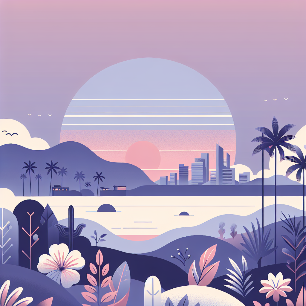Minimalist illustration of a coastal city skyline at sunset with palm trees, mountains, ocean waves, and flowers in the foreground, in soft pastel pink, purple, and blue tones.