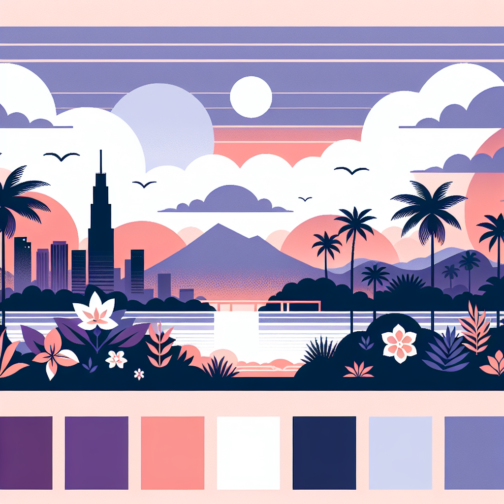 Colorful illustration of a city skyline with palm trees, mountains, and flowers in the foreground, set against a pink and purple sunset sky, with a color palette strip displayed at the bottom.