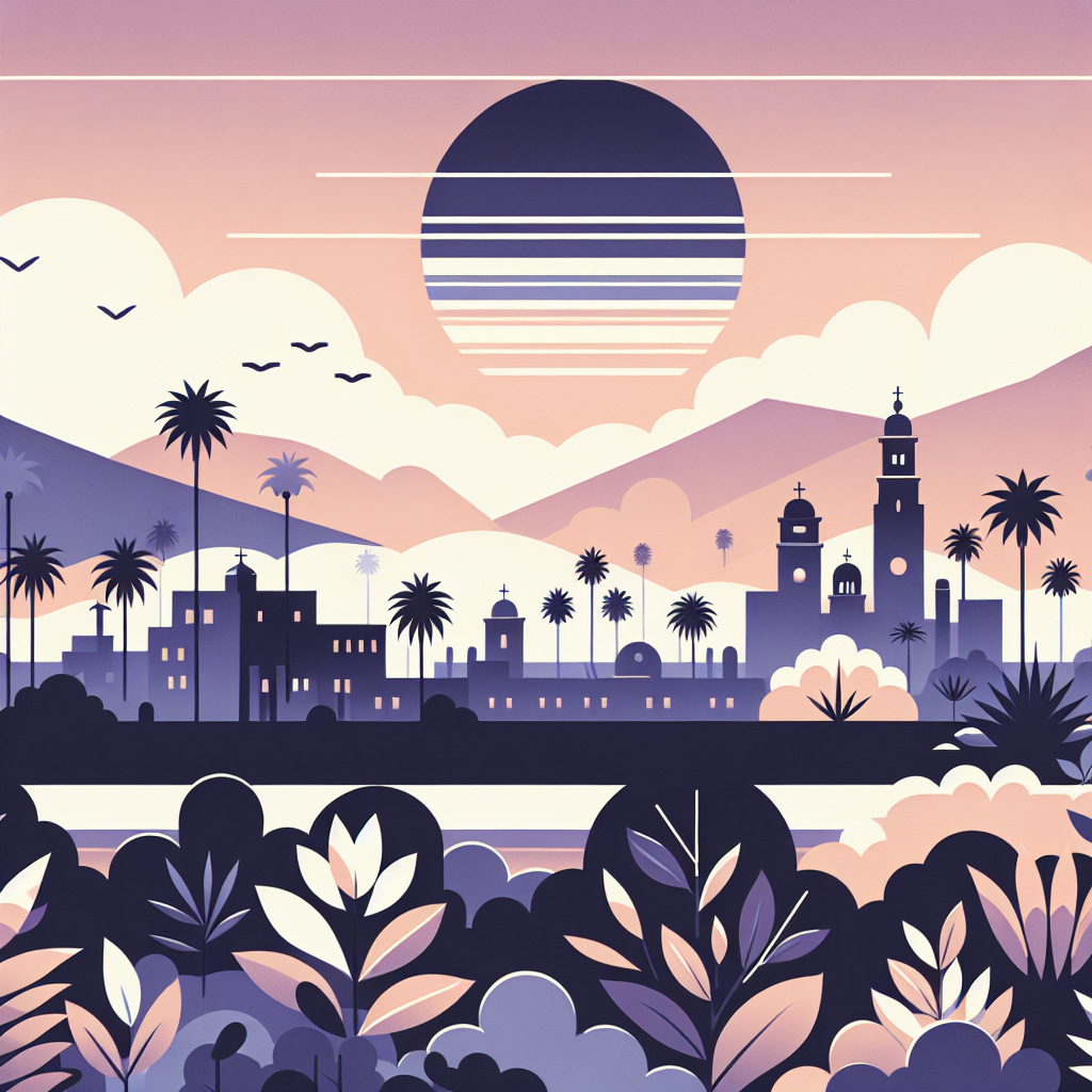 Stylized sunset illustration of a historic city skyline with domed rooftops, church towers, palm trees, and surrounding mountains, with plants in the foreground in purple and peach tones.