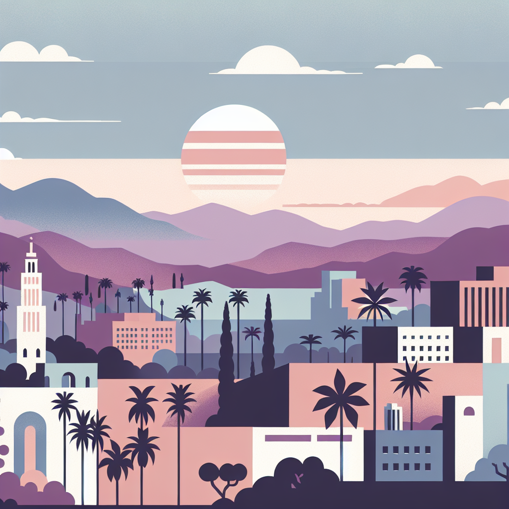 Stylized illustration of a cityscape at sunset with palm trees, modern and historic buildings, and layered mountains in shades of purple, pink, and blue under a striped sun.