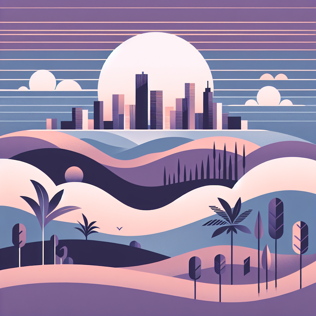 Stylized illustration of a modern city skyline at sunset with layered hills, trees, and clouds in soft purple, blue, and peach tones.