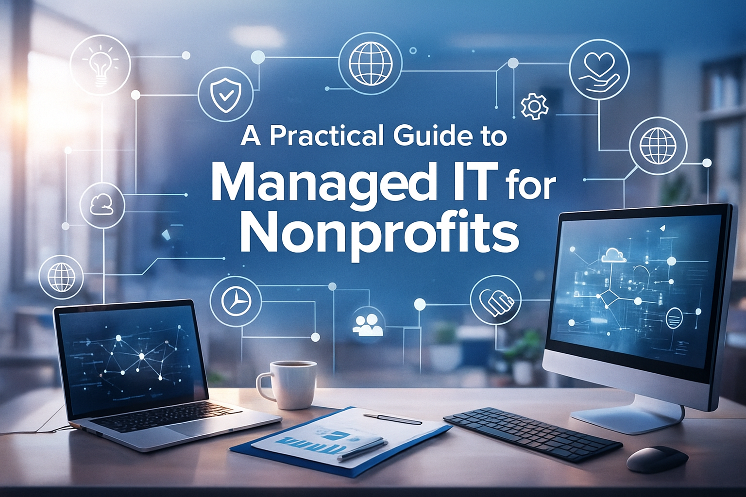 Cover image for a guide titled ‘A Practical Guide to Managed IT for Nonprofits,’ featuring a blue technology-themed background with icons, a computer workstation, and illustrated nonprofit staff collaborating.
