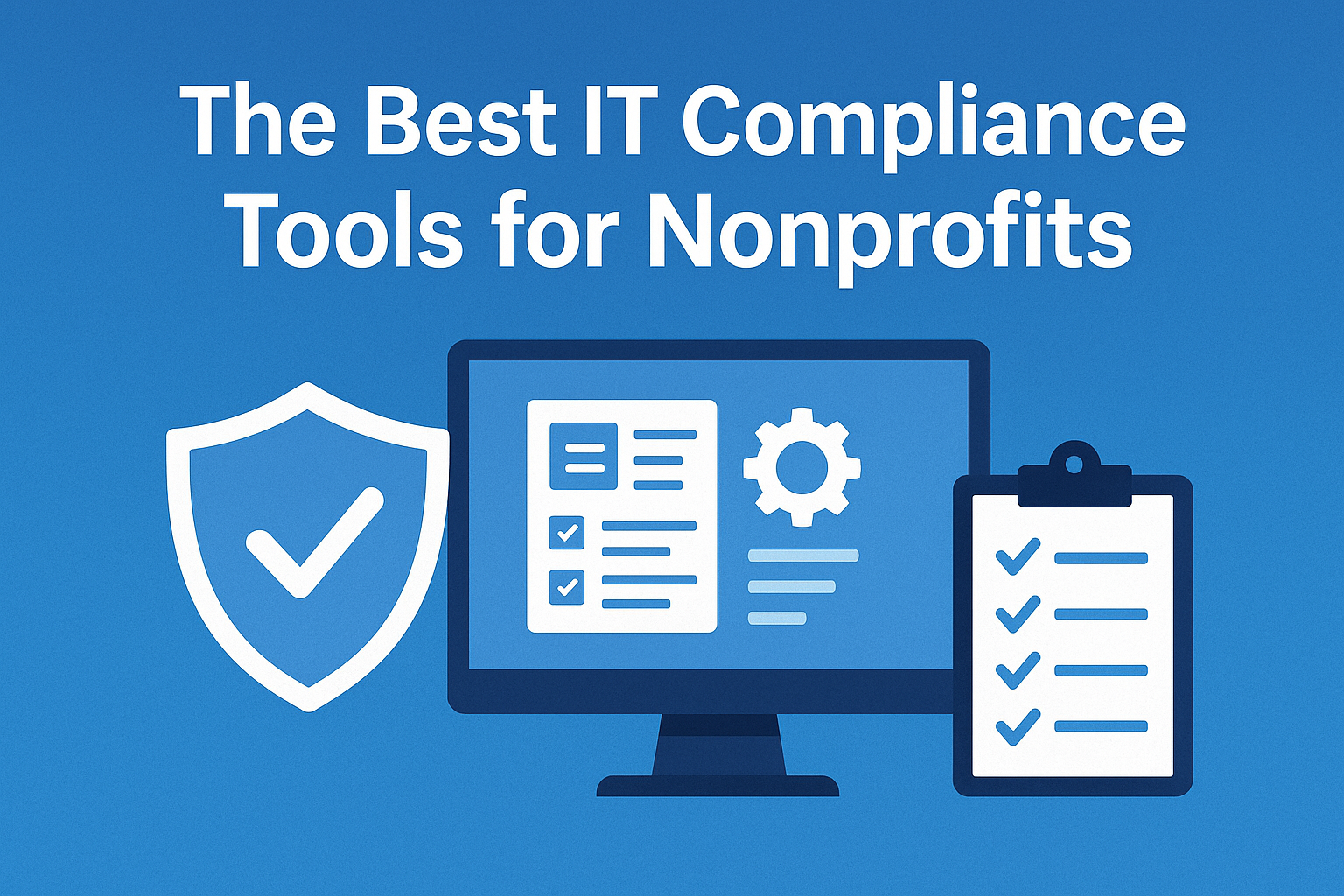 Blue cover image with icons for IT compliance, including a shield, monitor, and checklist.