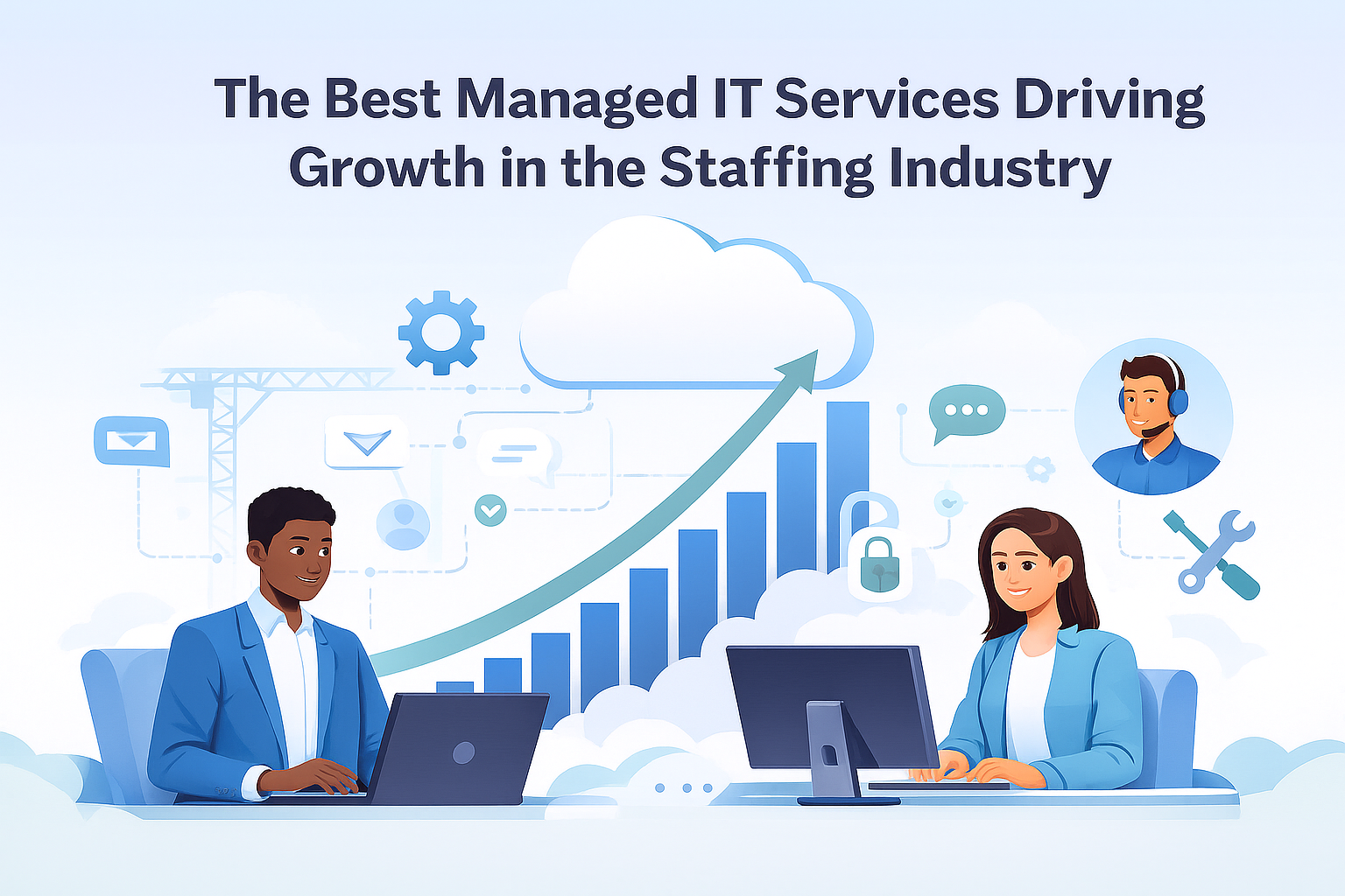 Cover image with the title “The Best Managed IT Services Driving Growth in the Staffing Industry” above an IT professional at a laptop, growth chart, crane, and arrows linking to recruiter portraits.