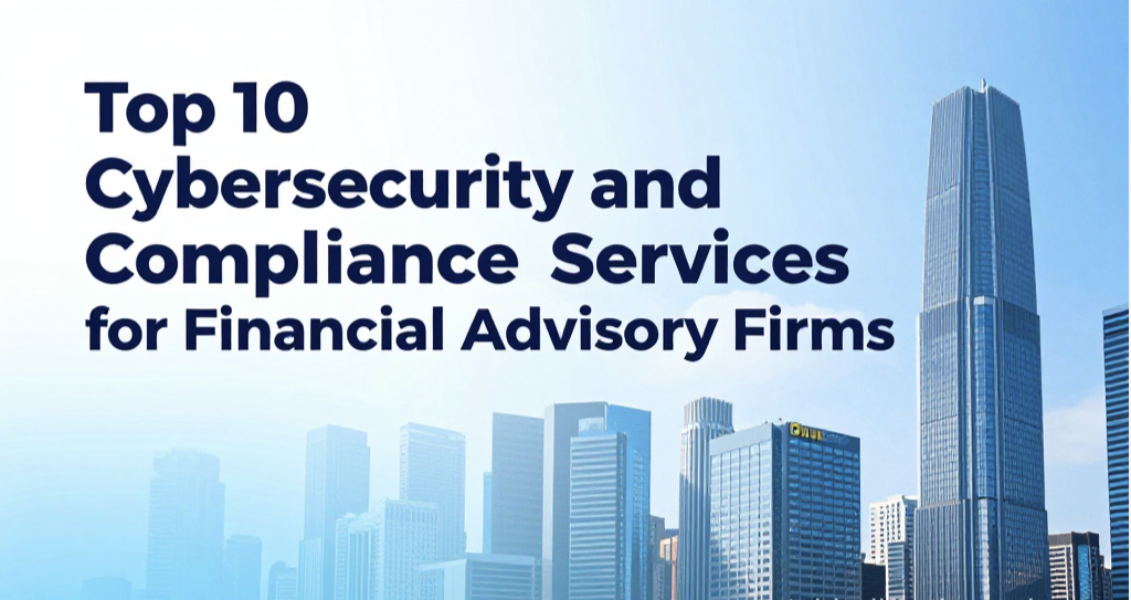 Slide reading “Top 10 Cybersecurity and Compliance Services for Financial Advisory Firms” over a modern city skyline.