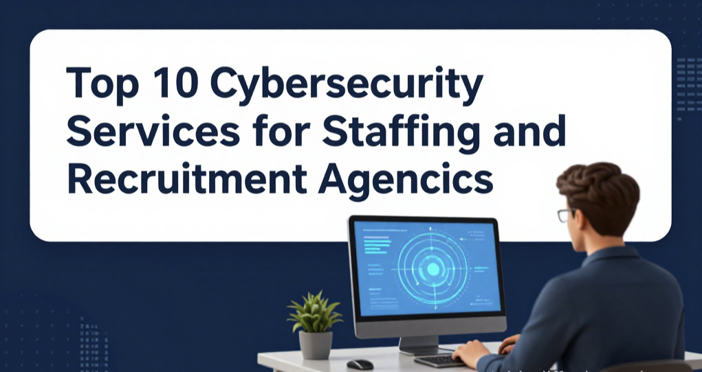 Cover image reading “Top 10 Cybersecurity Services for Staffing and Recruitment Agencies” with an illustration of a person at a desk using a computer.