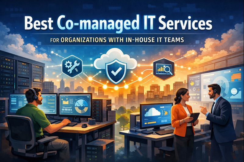 Landscape cover illustration showing in-house IT staff working alongside co-managed IT service partners, with connected cloud, security, and analytics icons above modern workstations in a city office setting.
