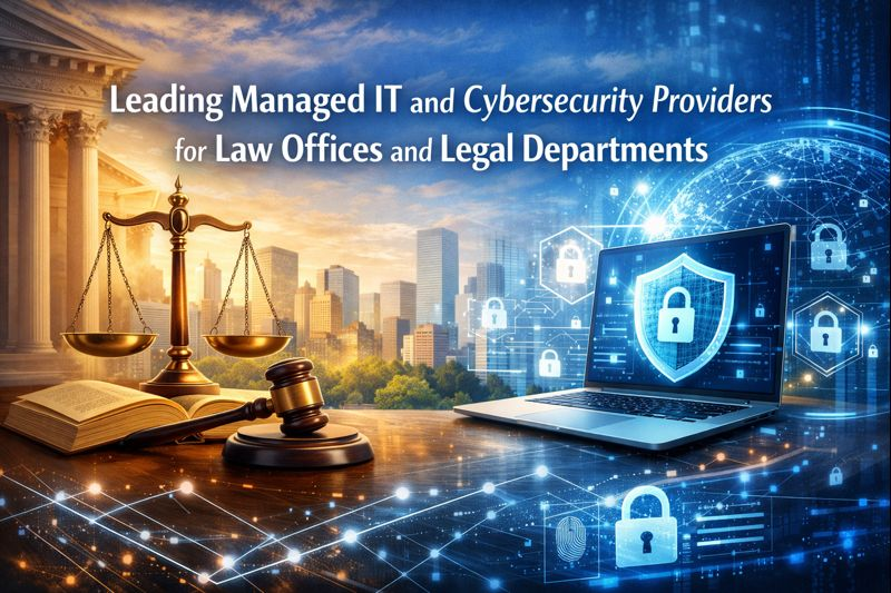 Landscape cover image showing a courthouse with columns, and scales of justice on one side, and a laptop with a digital shield on the other, representing managed IT services and cybersecurity for law offices and legal departments.