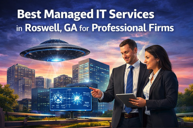 Business consultants reviewing managed IT systems in a modern city setting.