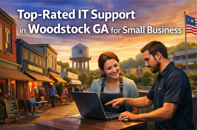 Small business owners receiving IT support in downtown Woodstock.