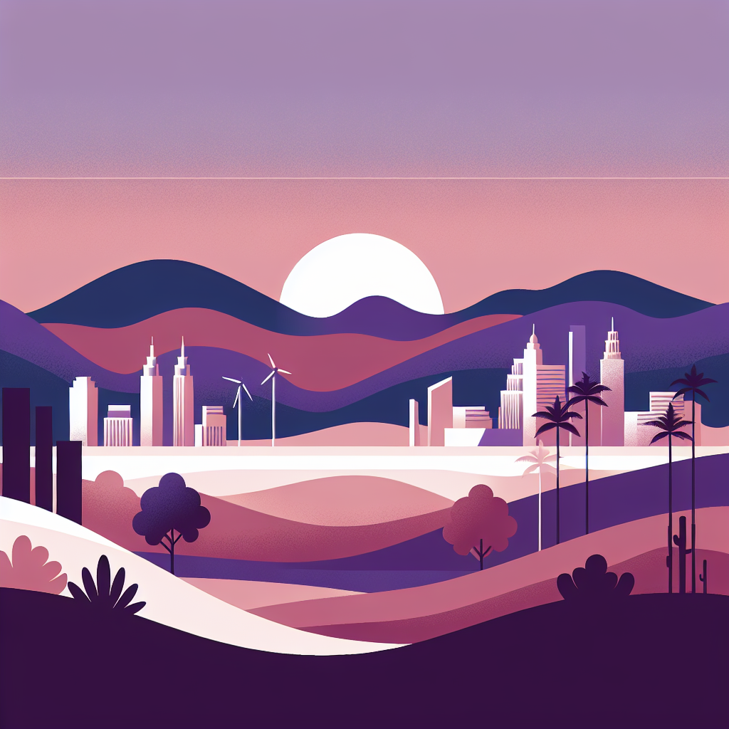 Stylized landscape of a modern city skyline at sunset with rolling hills and wind turbines in the distance.