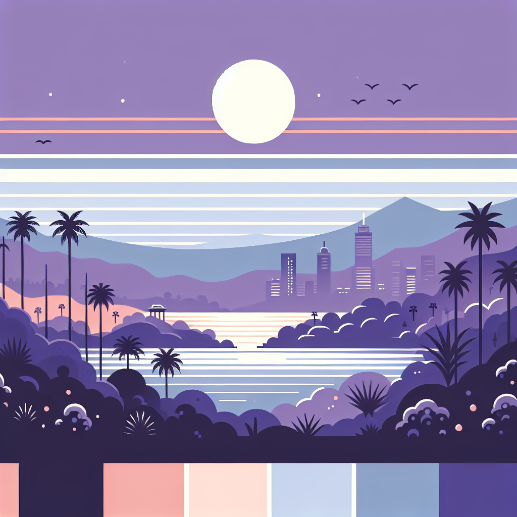 Illustrated cityscape with skyscrapers, palm trees, and mountains under a glowing full moon, with layered pastel skies and a reflective body of water in shades of purple, pink, and blue.
