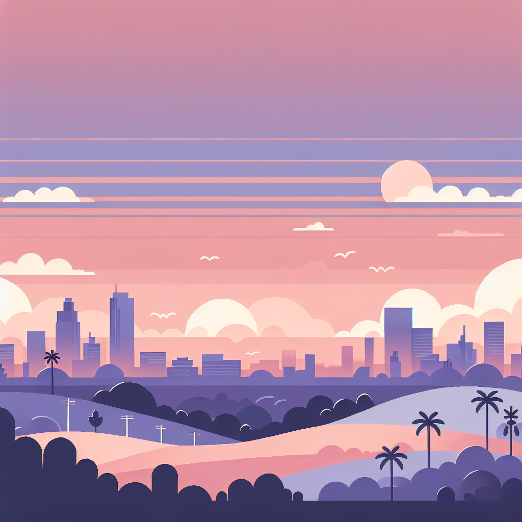 Stylized city skyline at sunset with tall buildings, rolling hills, palm trees, and a pink-purple sky with clouds and birds.