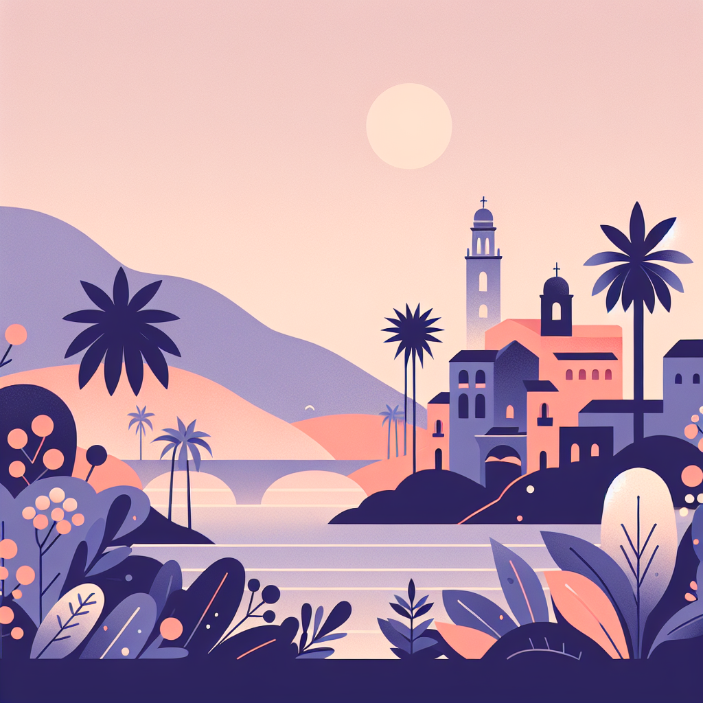 Colorful illustration of a coastal village with domed buildings and church towers surrounded by palm trees and lush plants.
