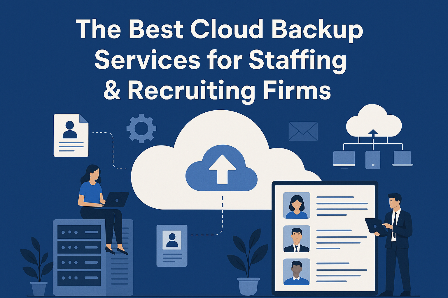 Cover image with the title “The Best Cloud Backup Services for Staffing & Recruiting Firms” above illustrated recruiters using cloud-based tools and candidate profiles.