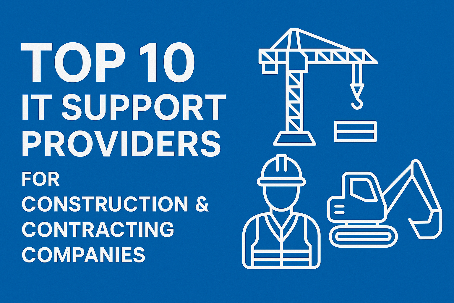 Cover image reading “Top 10 IT Support Providers for Construction & Contracting Companies” with a construction worker in a hard hat beside a crane and excavator.