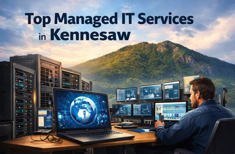 Managed IT services setup with servers and monitoring screens in Kennesaw.