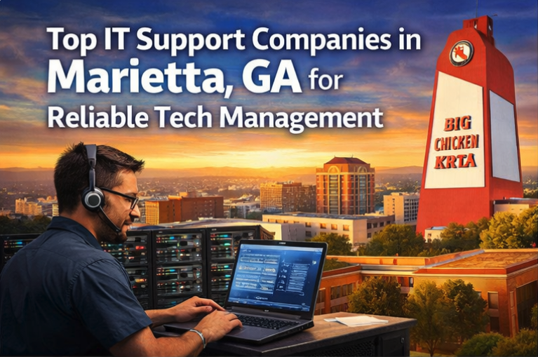 IT support professional working with servers overlooking Marietta skyline.