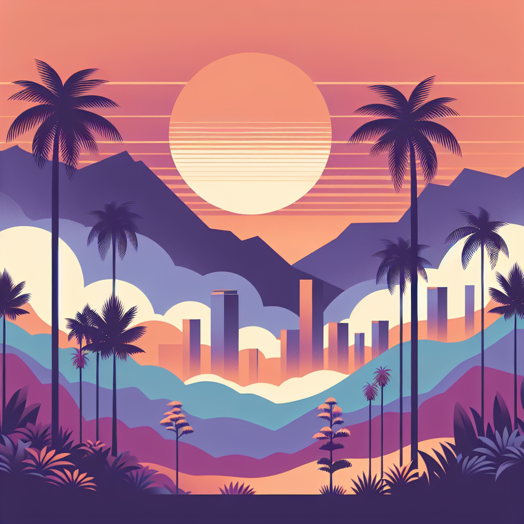 Stylized illustration of a city skyline at sunset surrounded by mountains, palm trees, and lush plants in warm orange, purple, and blue tones.