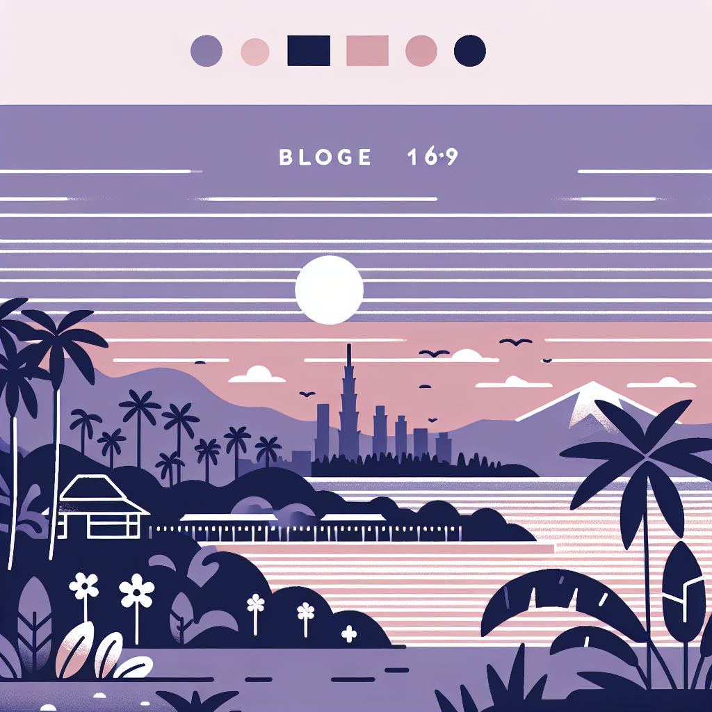 Stylized flat illustration of a coastal city skyline at sunset with palm trees, mountains, and calm water in purple, pink, and blue tones, featuring a small house near the shore.