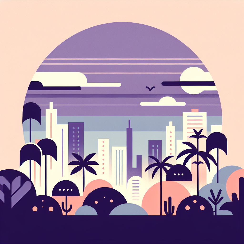 Stylized illustration of a city skyline with tall buildings and palm trees under a purple and peach sky, framed by abstract rounded shapes and clouds.