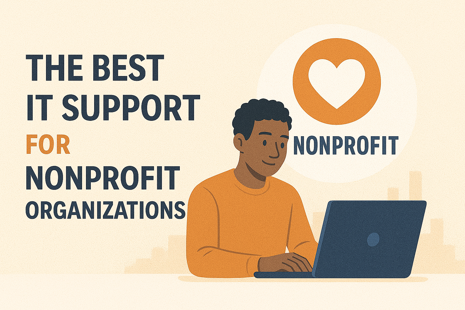 Person working on a laptop with nonprofit heart icon in the background.