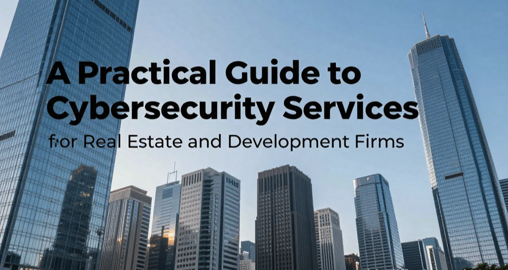 Cover image with the title “A Practical Guide to Cybersecurity Services for Real Estate and Development Firms” over a city skyline of tall office buildings.