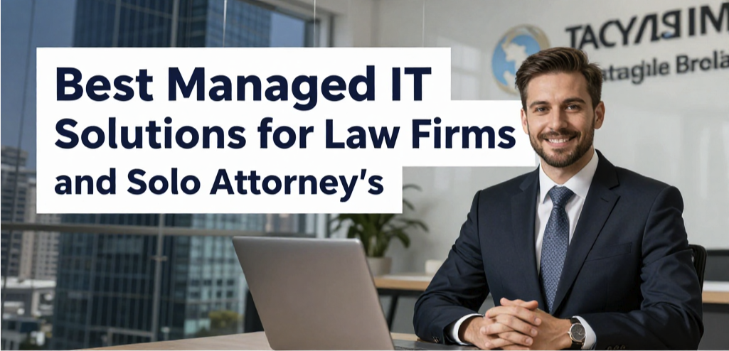 Cover image reading “Best Managed IT Solutions for Law Firms and Solo Attorneys” with a smiling lawyer in a suit sitting at a desk with a laptop.