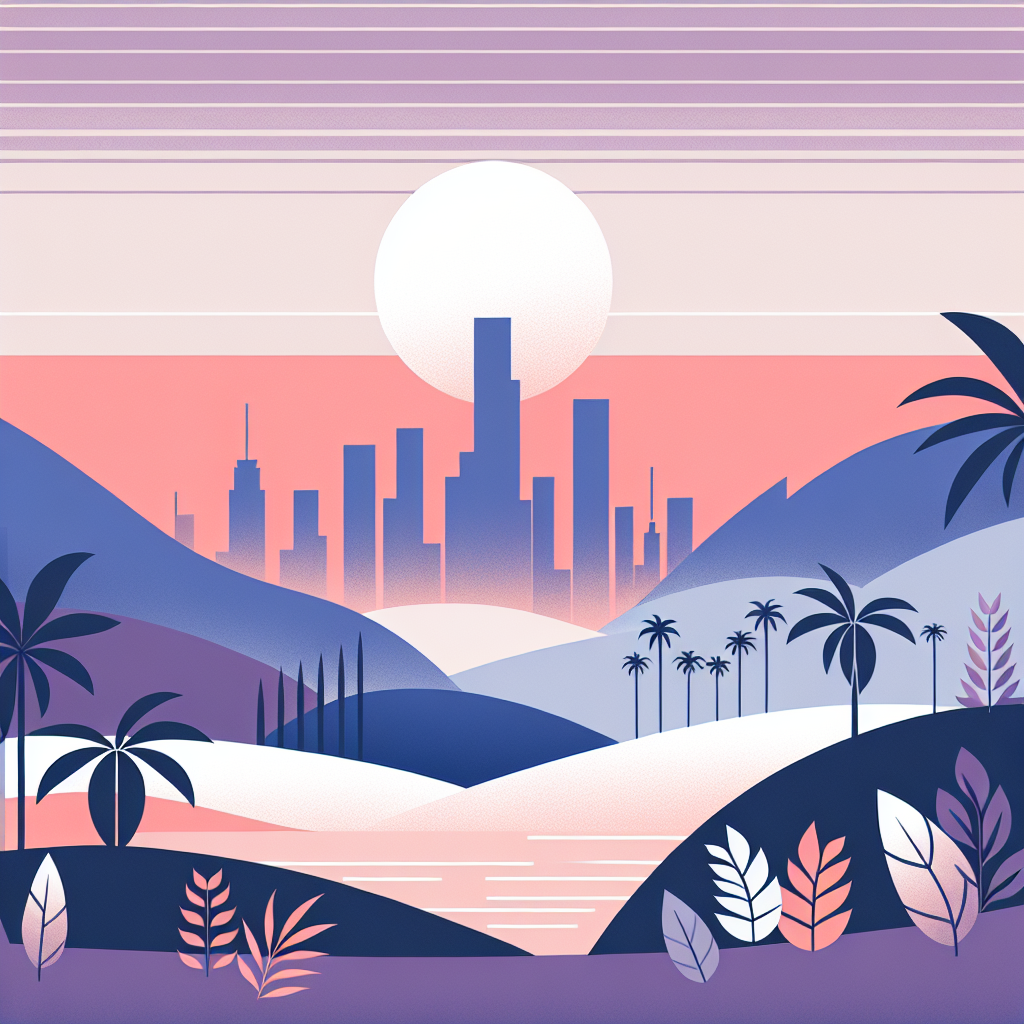 Stylized sunset illustration of a city skyline framed by mountains and palm trees.