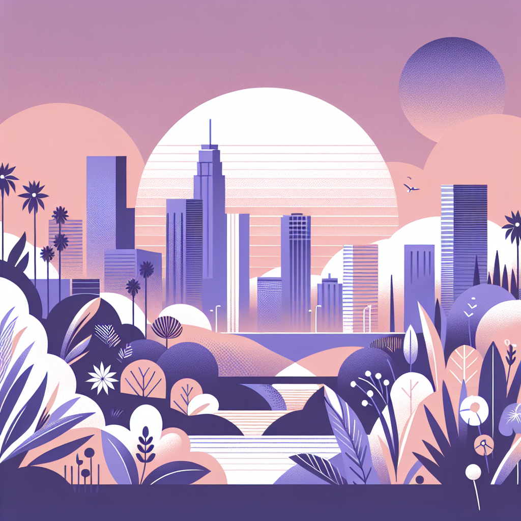 Stylized illustration of a city skyline at sunrise with tall modern buildings framed by lush plants, flowers, and palm trees in the foreground.