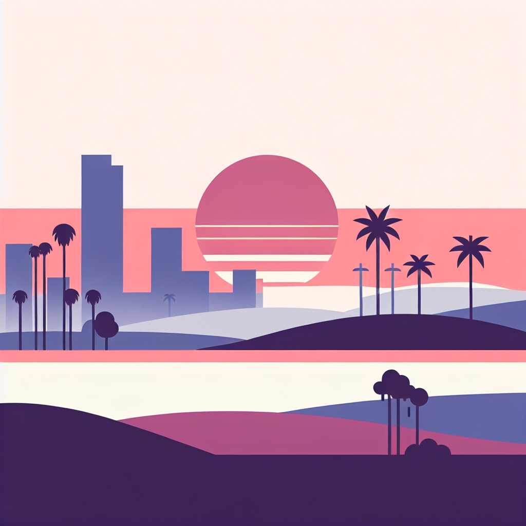 Stylized sunset illustration of a city skyline with palm trees and rolling hills. 