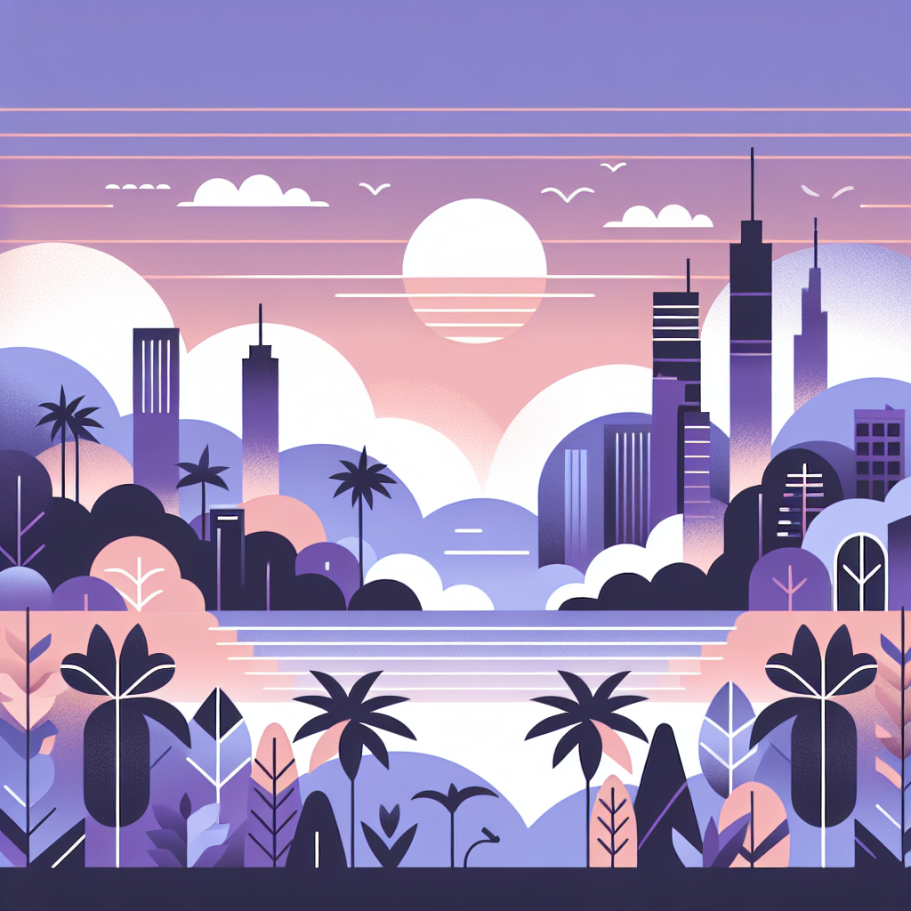 Illustration of a modern city skyline at sunset with tall skyscrapers, palm trees, and colorful plants in the foreground, set against a pink and purple sky with clouds and a glowing sun.