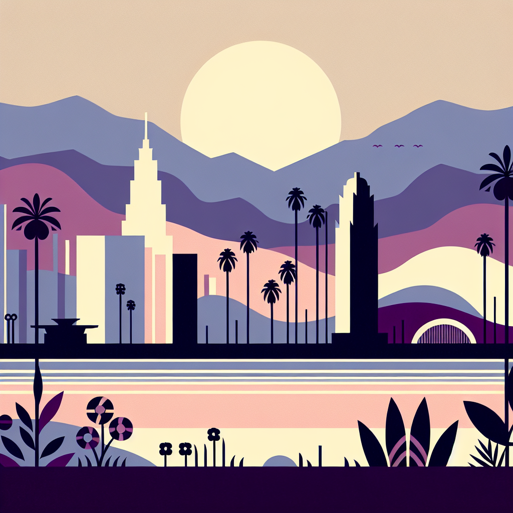 Stylized illustration of a city skyline with tall buildings, palm trees, and mountains in the background at sunset, featuring warm beige, purple, and pink tones.