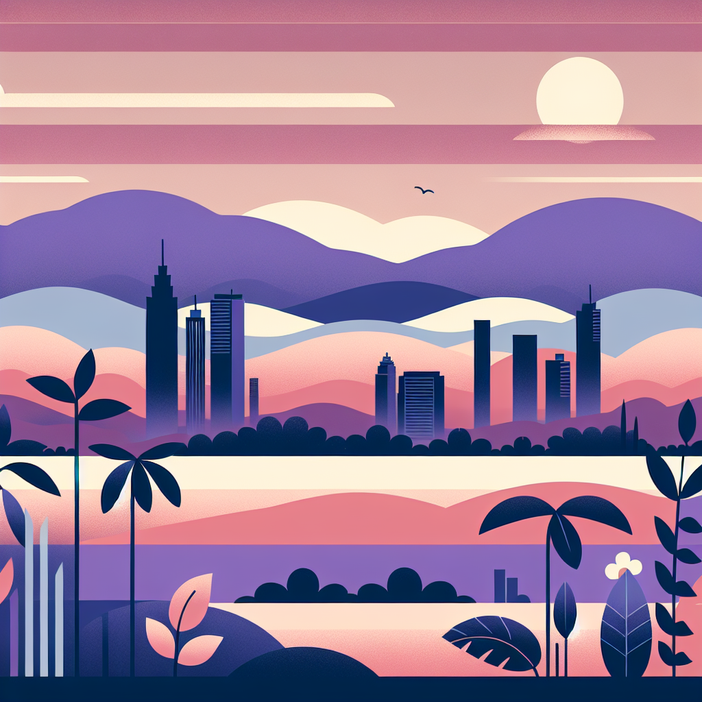 Colorful illustration of a city skyline at sunset surrounded by rolling hills and layered clouds.