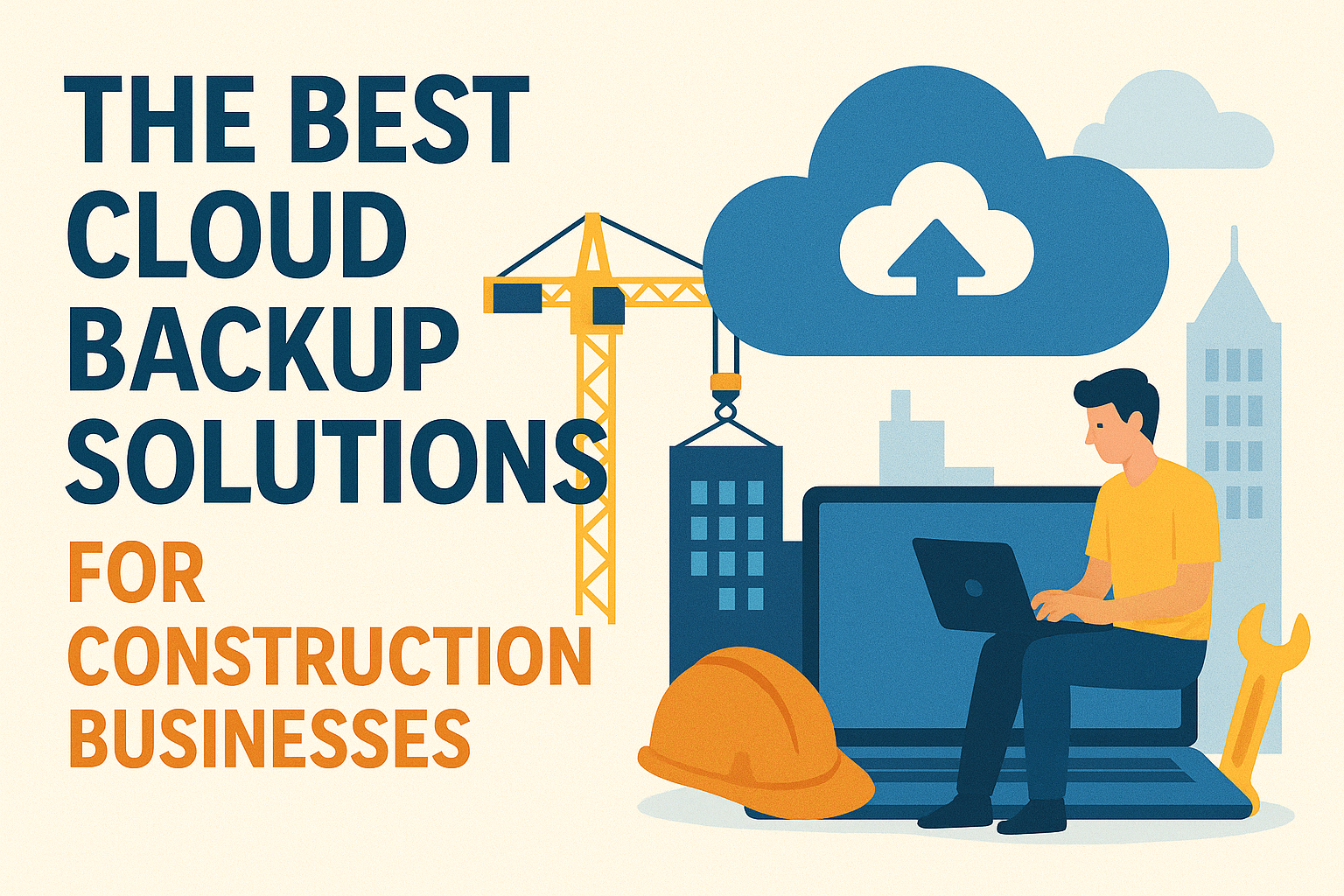 Illustration of cloud backup concept with construction elements and a person using a laptop.