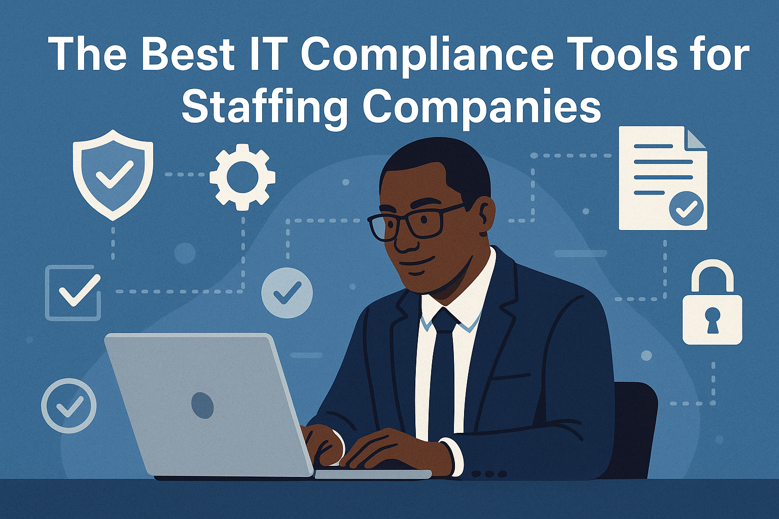 Illustration of an IT compliance professional working on a laptop with security icons and the heading ‘The Best IT Compliance Tools for Staffing Companies’ in the background.