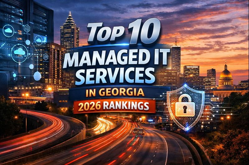 Top 10 Managed IT Services in Georgia: 2026 Rankings cover image featuring a sunset Atlanta skyline with “Top 10 Managed IT Services in Georgia” text, cloud/tech icons, a security shield padlock graphic, and light trails on a highway.
