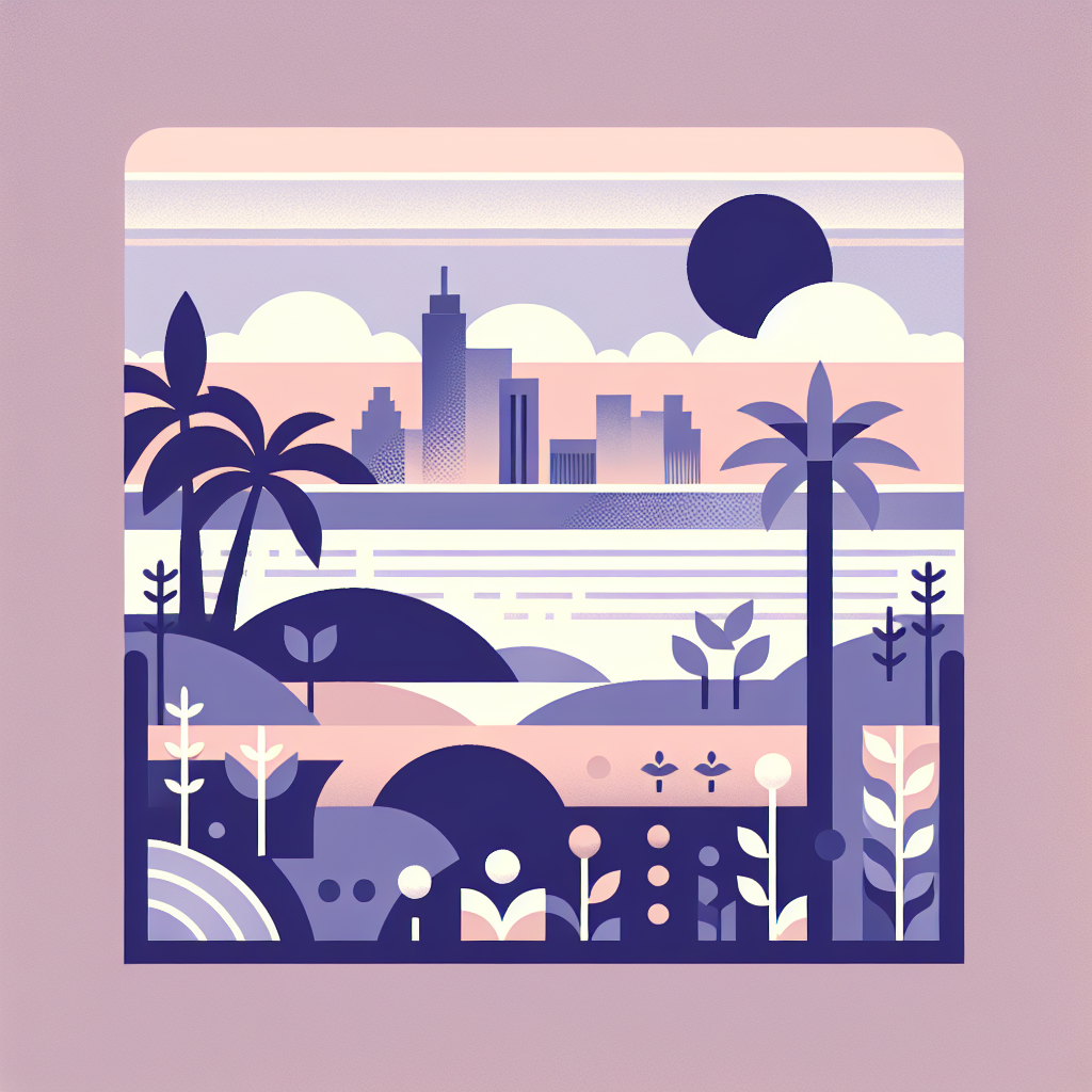 Illustration of palm trees with city skyline in the background.