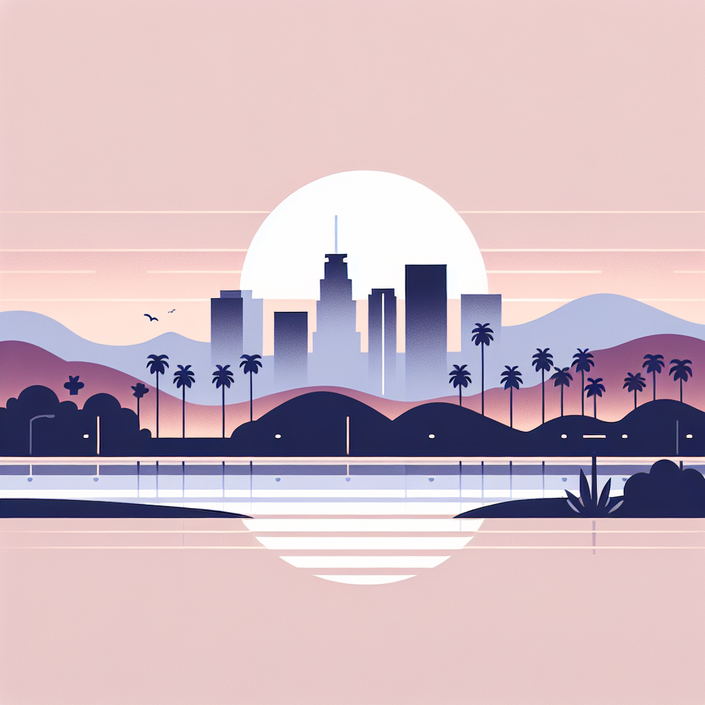 Minimalist illustration of a city skyline at sunset with palm trees, mountains, and a reflective body of water in purple and pink tones.