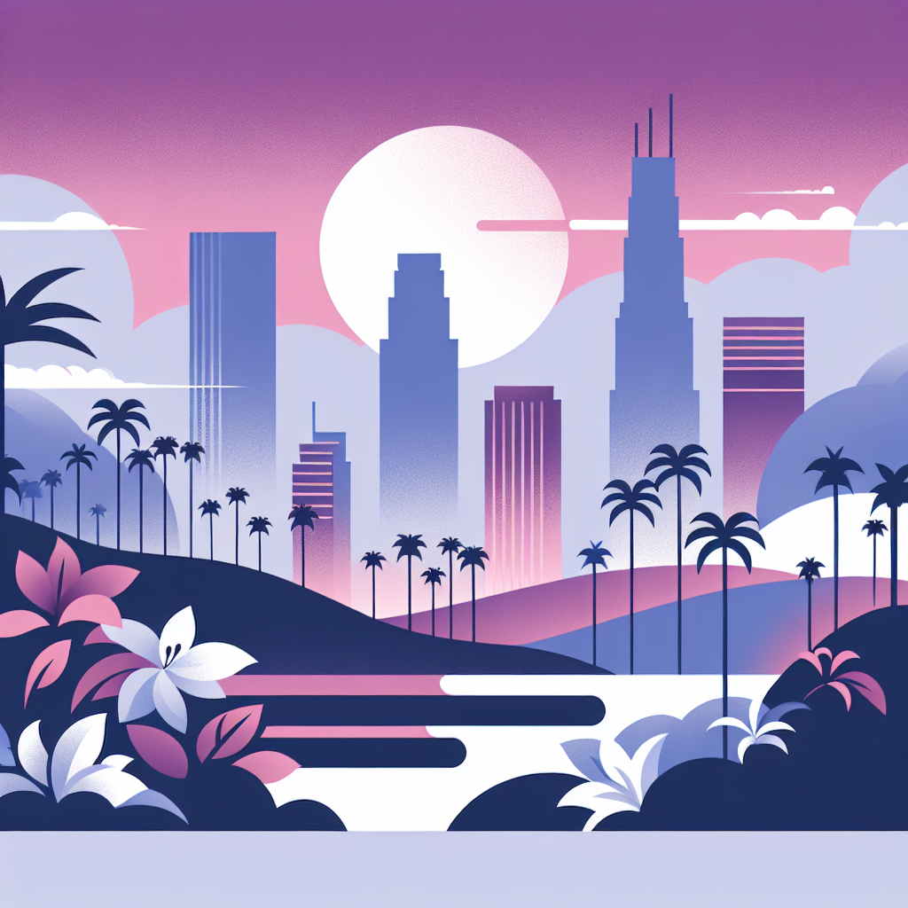 Stylized illustration of a modern city skyline with tall skyscrapers, palm trees, and flowers in the foreground, set against a pink and purple sunset sky with a glowing sun.