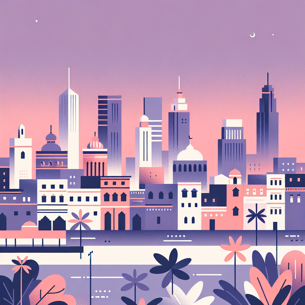 Stylized illustration of a modern city skyline with diverse architectural styles, including domed and high-rise buildings, set against a pink and purple sunset sky with plants in the foreground.