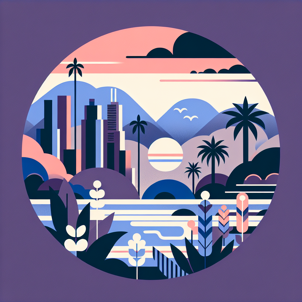 Stylized illustration of a city skyline with tall buildings, palm trees, mountains, and a sunset over water, in a circular frame with pastel colors of pink, purple, and blue.