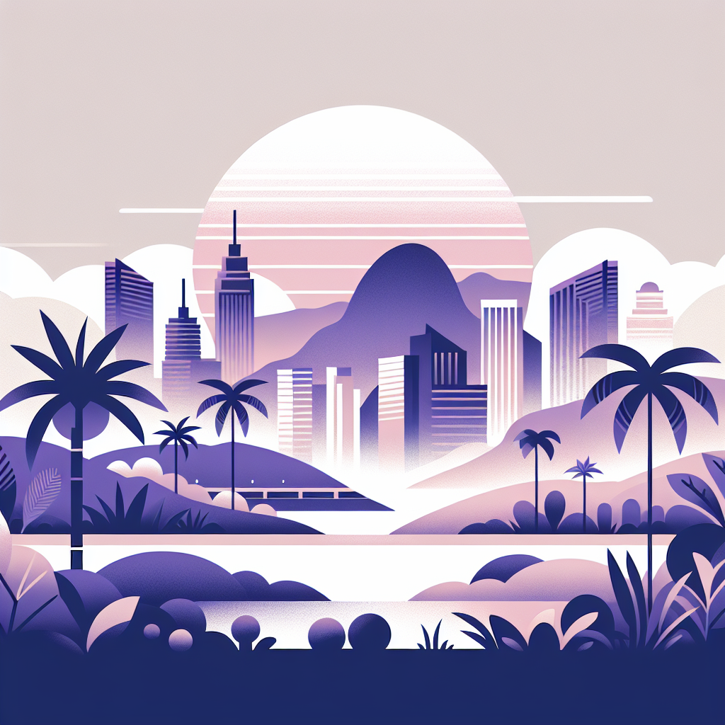 Stylized cityscape illustration with modern skyscrapers, palm trees, and mountains at sunset, in shades of purple, pink, and beige.