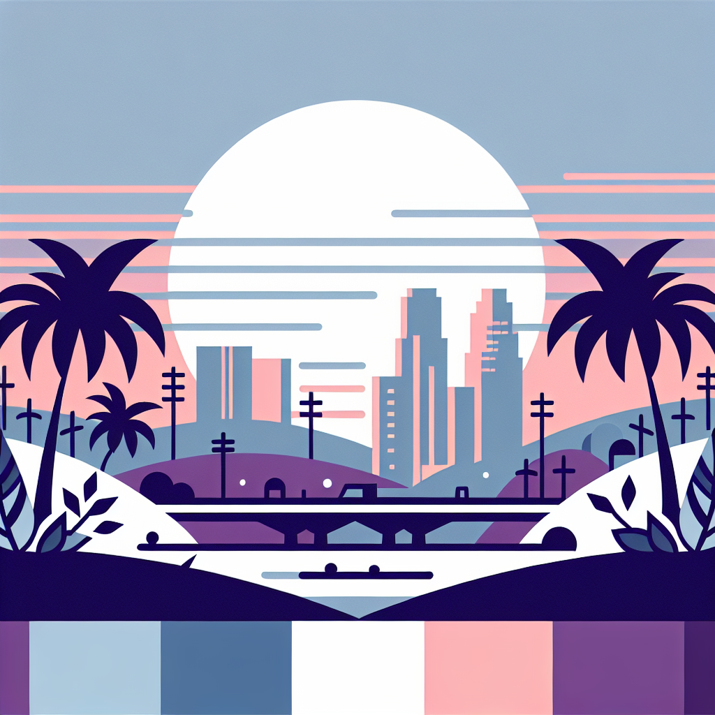 Minimalist illustration of a city skyline at sunset with palm trees, power lines, a bridge, and a glowing sun, shown in pastel shades of blue, pink, and purple with a color palette strip at the bottom.