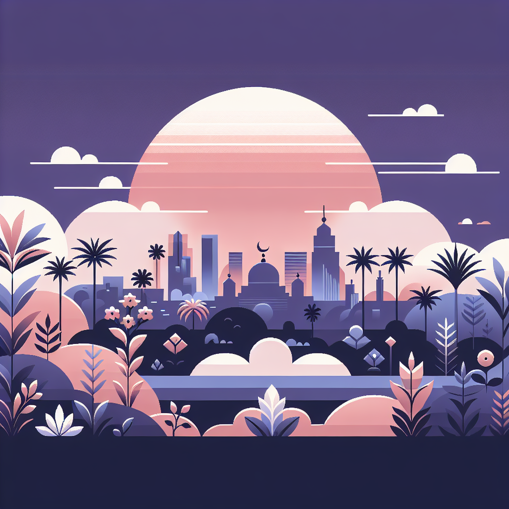 Stylized sunset illustration of a city skyline with domes, minarets, modern skyscrapers, palm trees, and lush plants in the foreground, in purple and pink tones with a glowing sun behind clouds.