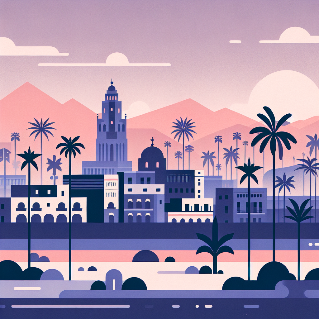 Illustration of a city with mountains in the backdrop.