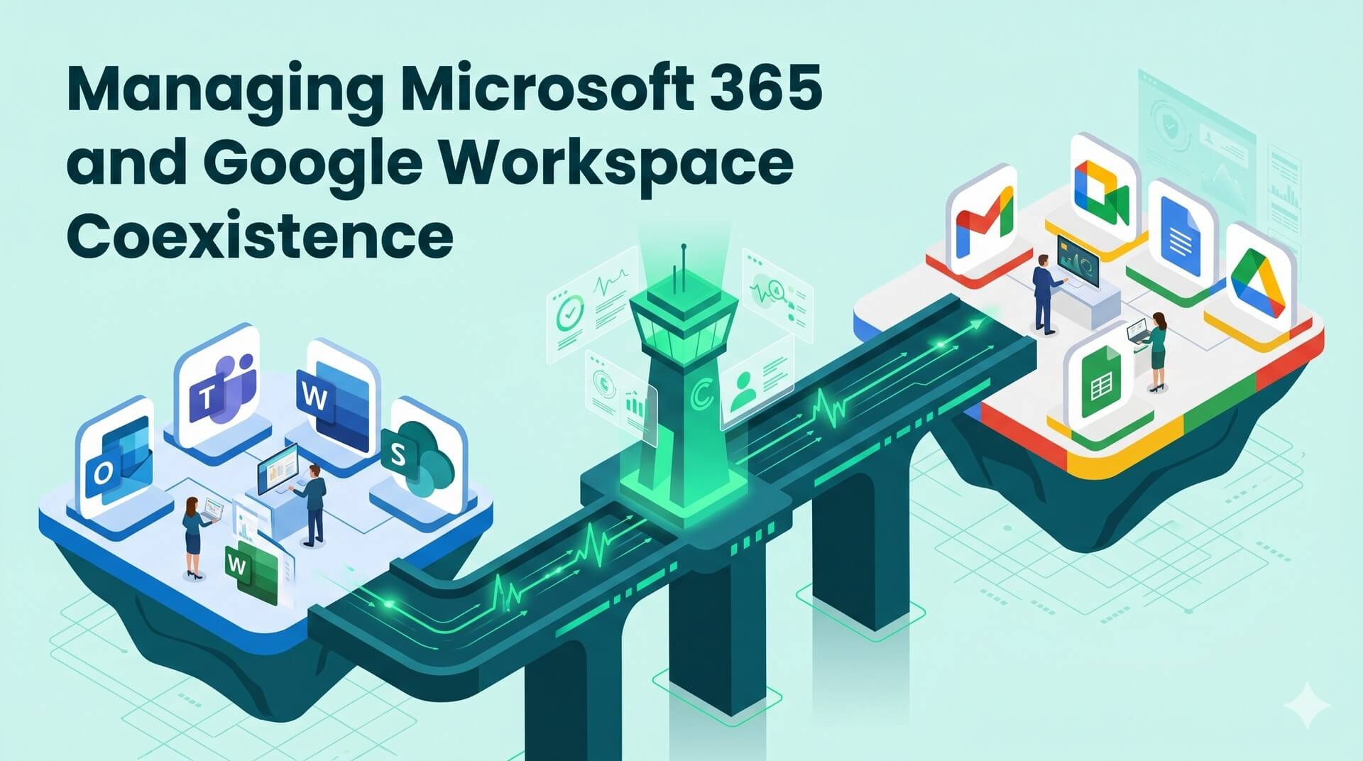 Isometric bridge connecting Microsoft and Google ecosystems with a central security hub.